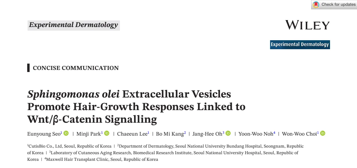 Title and author information from the published Sphingomonas olei extracellular-vesicle paper in Experimental Dermatology.